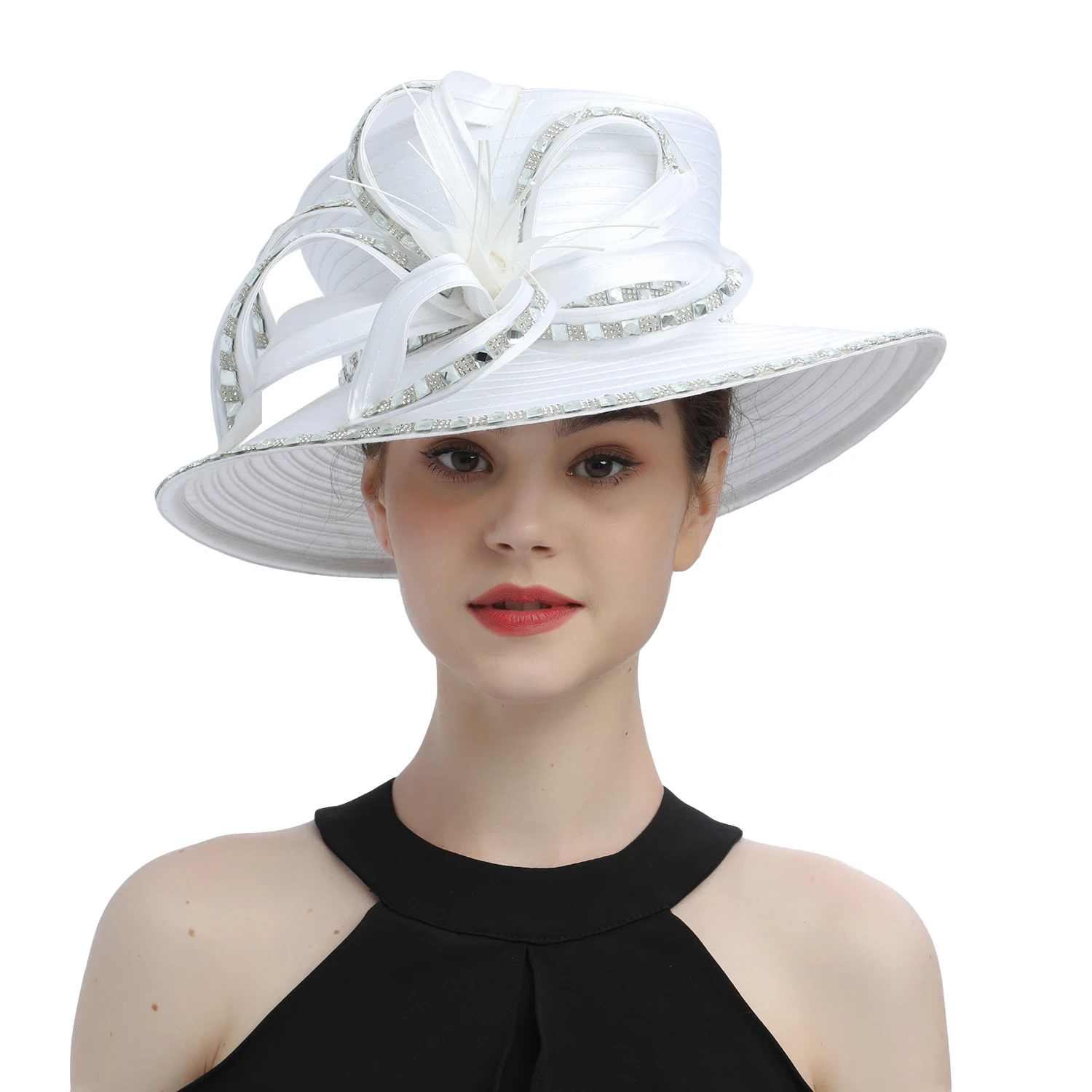 

Deluxe New White Church Hat Party Banquet Satin Cloth Photography Hats Premium Chains Formal Hat Flower Top Cap For Women Ladies