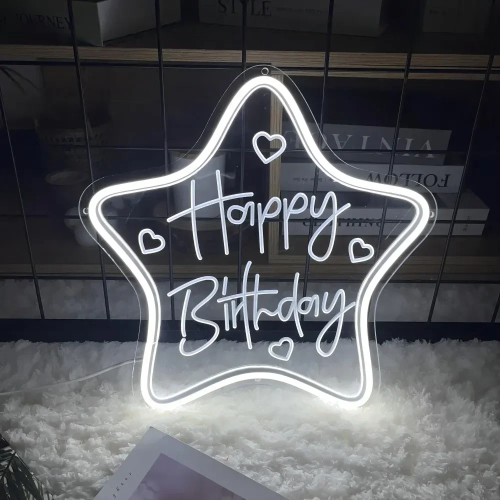 

Happy Birthday Star Neon Sign Carve Personal Led Lights For Birth Dinner Party Accessories Wall Decoration Support Customized
