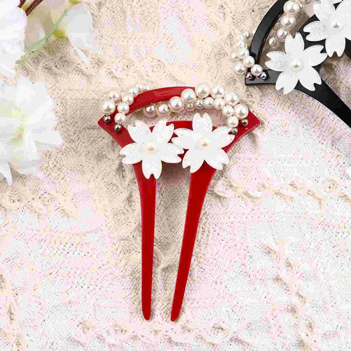 Hair Barrettes Ancient Acrylic Flower U-Shaped Hairpin with Pearl Hair Accessories (Red)