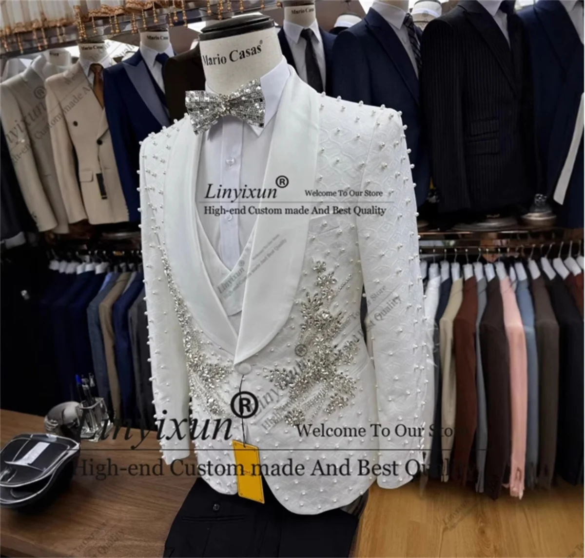 Sparkly Beaded Men Suits 3 Pieces Luxury Jewelry Bridegroom Groom Tuxedos Male Bespoke Prom Blazer Slim Fit trajes para hombre 3