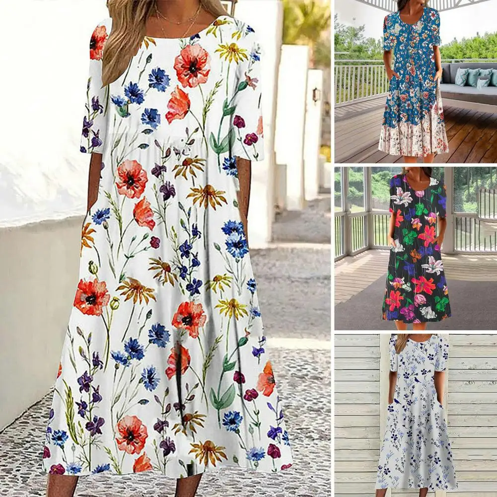 Elegant Round Neck Dress Floral Print A-line Midi Dress with Pockets for Women Breathable Soft Summer Dress with O for Comfort