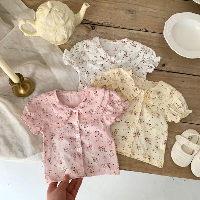 

2023 Summer Baby Girls Floral Shirts Infant Turn-down Collar Short Sleeve Blouses Toddler Tops