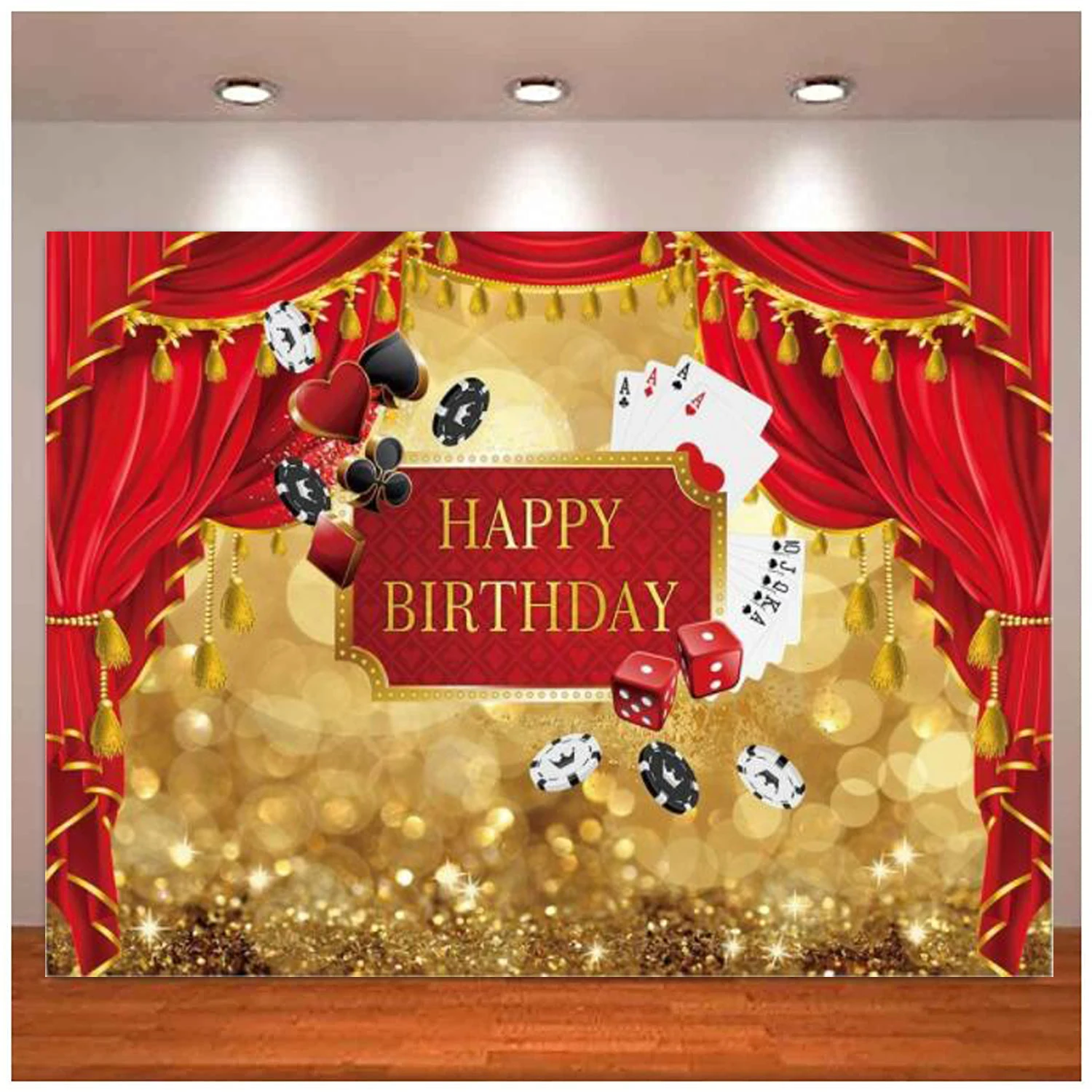 Buon Compleanno Fotografia Sfondo Royal Casino Golden Bokeh Glitter Sfondo Red Curtain Poker Party Decorations Cake Table