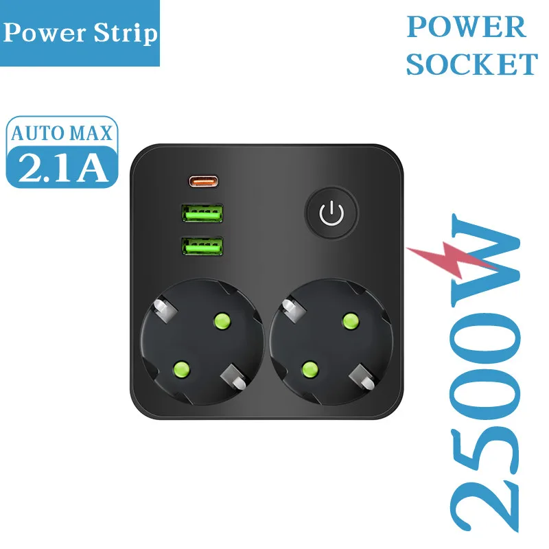 AB Fişli Priz 2'li Çoklu Priz Duvar Tipi Güç Şeridi Elektrik Prizi Uzatma Kablosu Olmayan 2 USB 1 Tip-C Girişli 2500W MAX Güç
