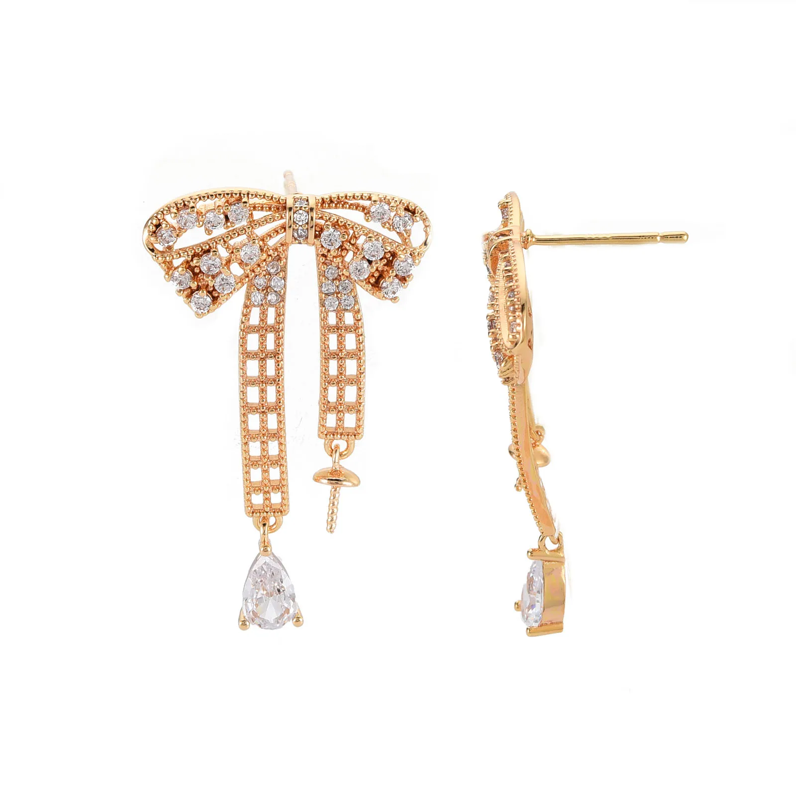 Kissitty 10Pcs Bowknot Shape Brass Micro Pave Clear Cubic Zirconia Stud Earring Findings Accessories Jewelry Findings Gift