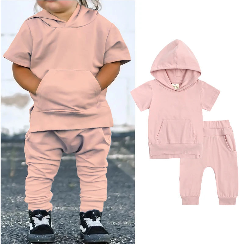 Toddler Boys Girls Short Sleeve Pocket Hooded Top T-Shirt + Shorts Set Little Kids Outfit 2Pcs Summer Tracksuit Sweatshirts 1-7Y