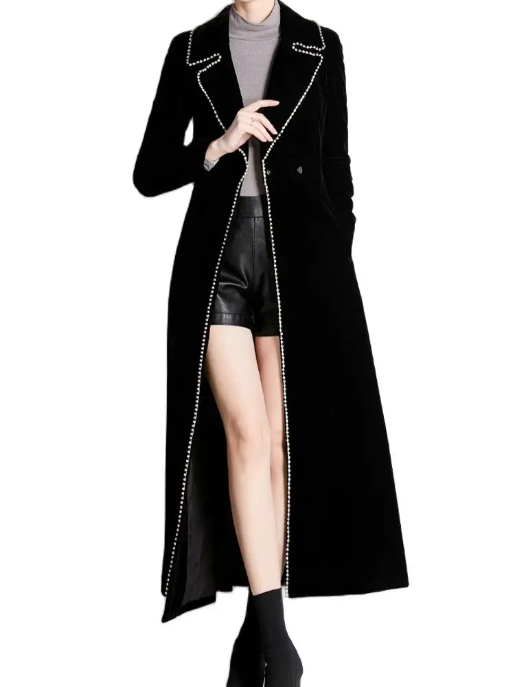 

High Quality Suit Collar Long Coat Slim Fitting Beaded Velvet Coat 2022 Autumn New Korean Fashion Women'S Clothing