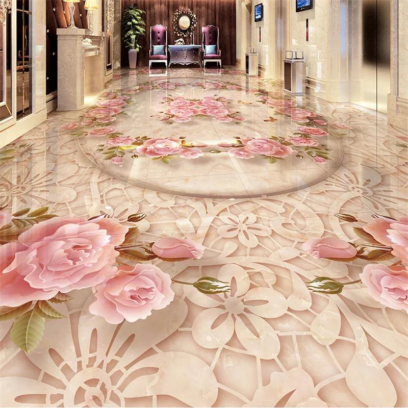 Chinese 3D Floor Marble Relief Lace Flower Tiles Wallpaper PVC Self adhesive Wallpaper 3D Floor Painting For Living Room