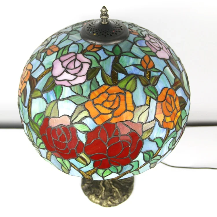 LongHuiJing Tiffany Style Stained Glass Lampshade Desk Lamps 16Inch Red Rose Table Lamps With Antique Resin Base