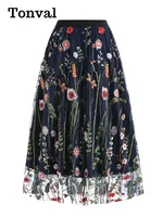 Tonval Floral Embroidered Mesh Overlay Lined Long Skirt Elastic Waist Women Elegant Festival Outfit Summer Vintage Skirts - Image 5
