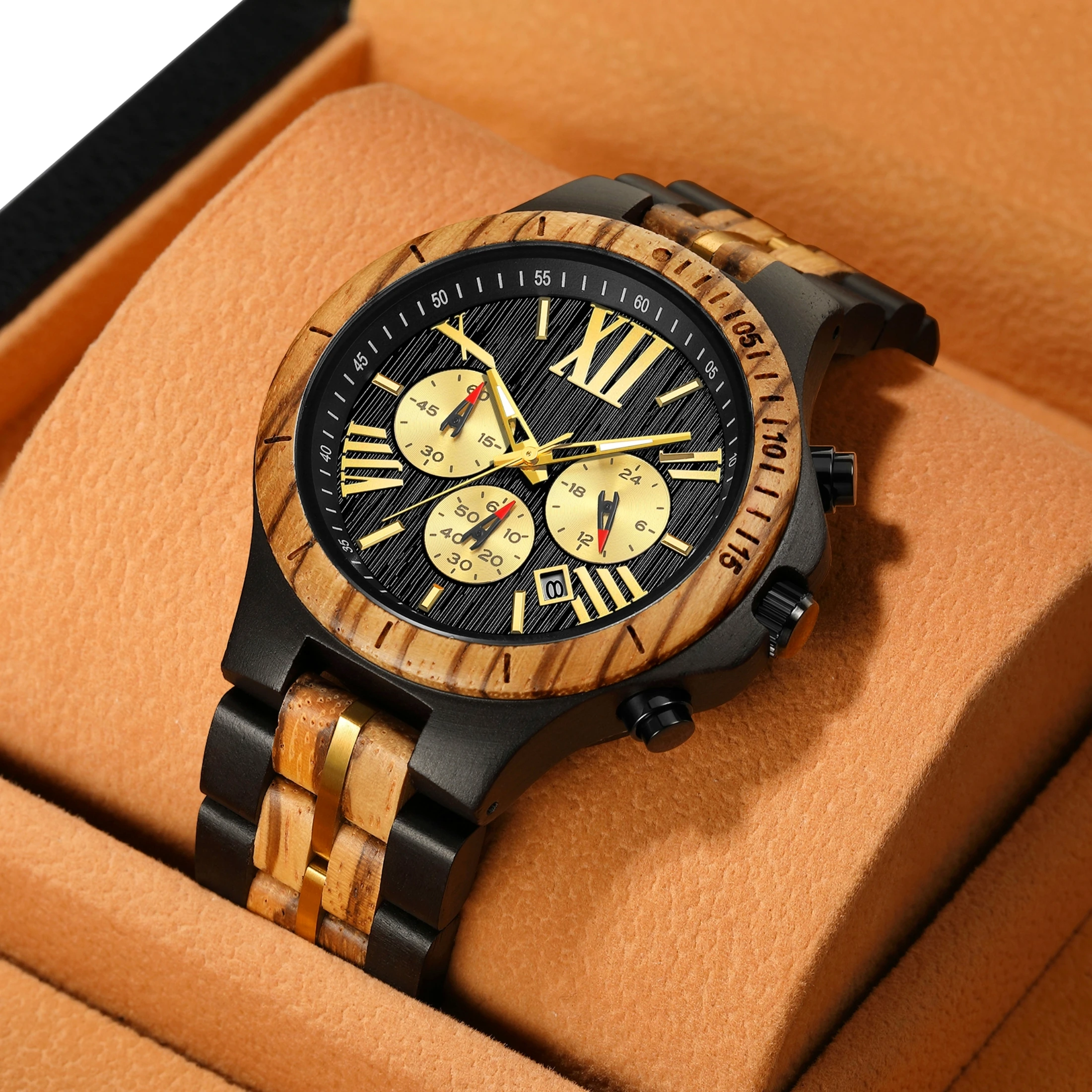 Natural Solid Wood Men's Watch Time Code Calendar Multifunctional Brown Black Quartz Watch Wood Watch Men's Watch Clock