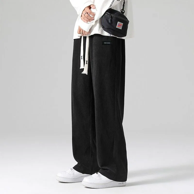 2023 New Spring and Autumn Fashion Casual Versatile Corduroy Solid Color Wide Leg 9/4 Loose and High Draping Men Sports Pants