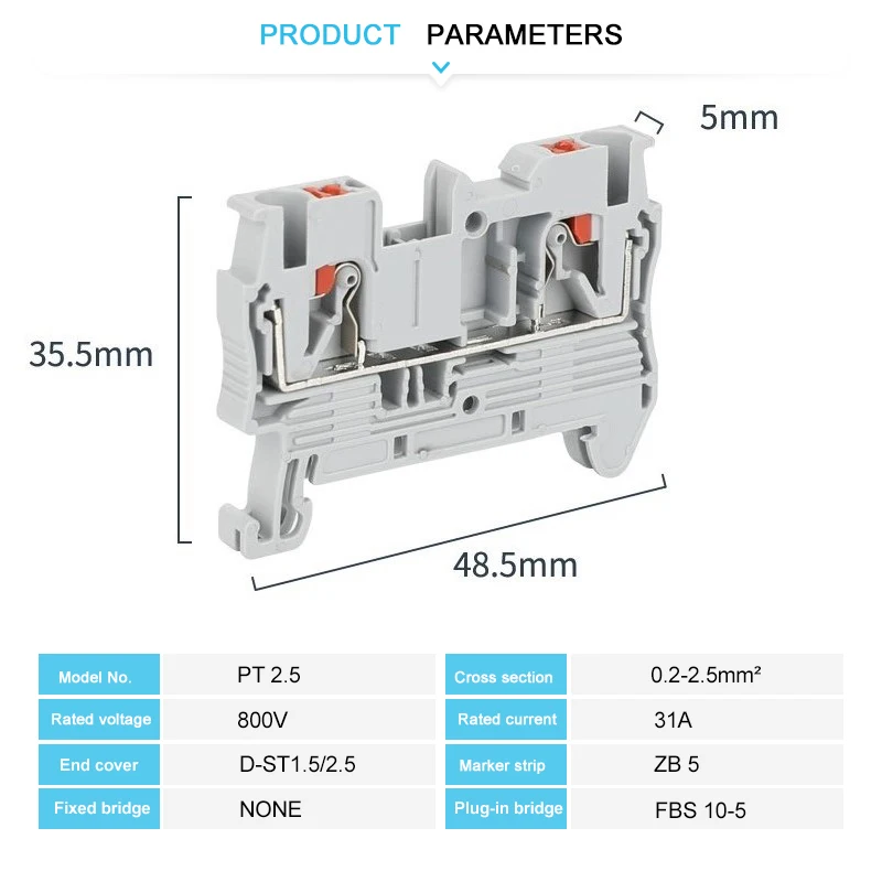 PT-2.5 Push-in Terminal Block DIN Rail Wire Connector 2.5mm Cable Screwless Spring Plug Electrical NS35 PT 2.5 din rail terminal block wire connectors