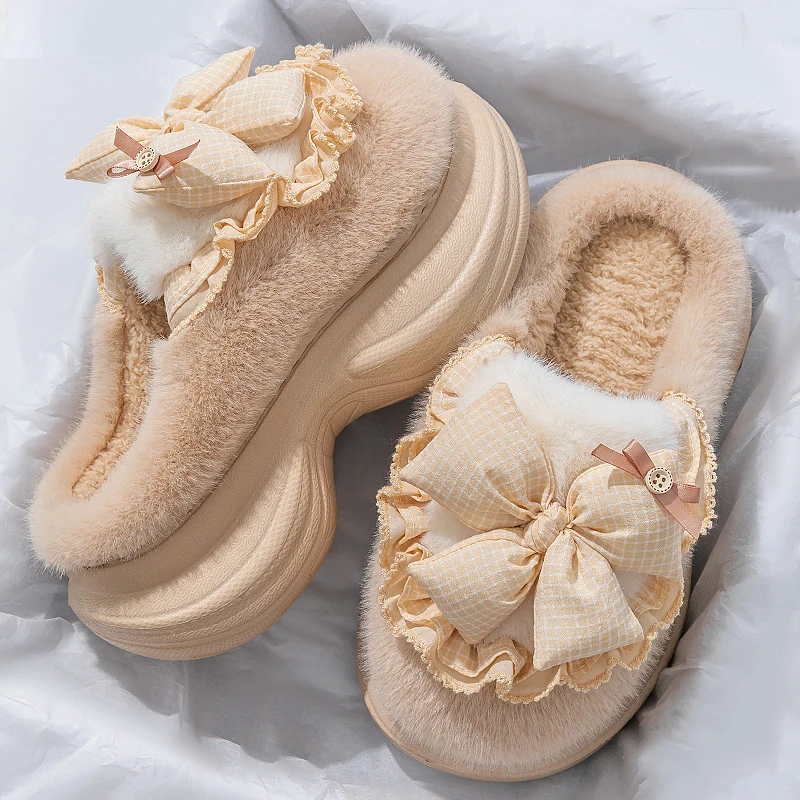 Lovely Bowknot Decor Fluffy Slippers for Women 2025 Indoor Non Slip Warm Cotton Slides Woman Thick Sole Plush Slippers Female