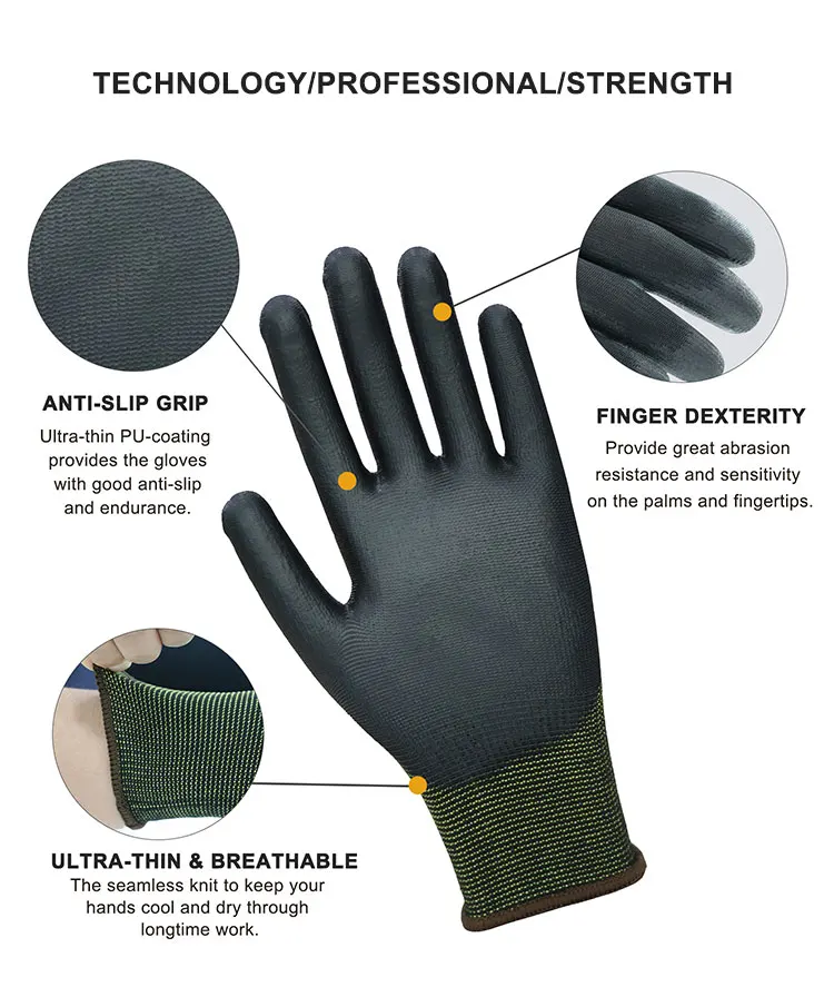 10 pairs 13 Gauge Nylon Pu Coated Glove Safety Work Gloves Pu