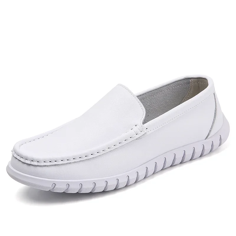 2025 Spring New White Men Casual Shoes Soft Leather Comfortable Doctor Nurse Work Flats Business Loafers Men Designer Shoes 6