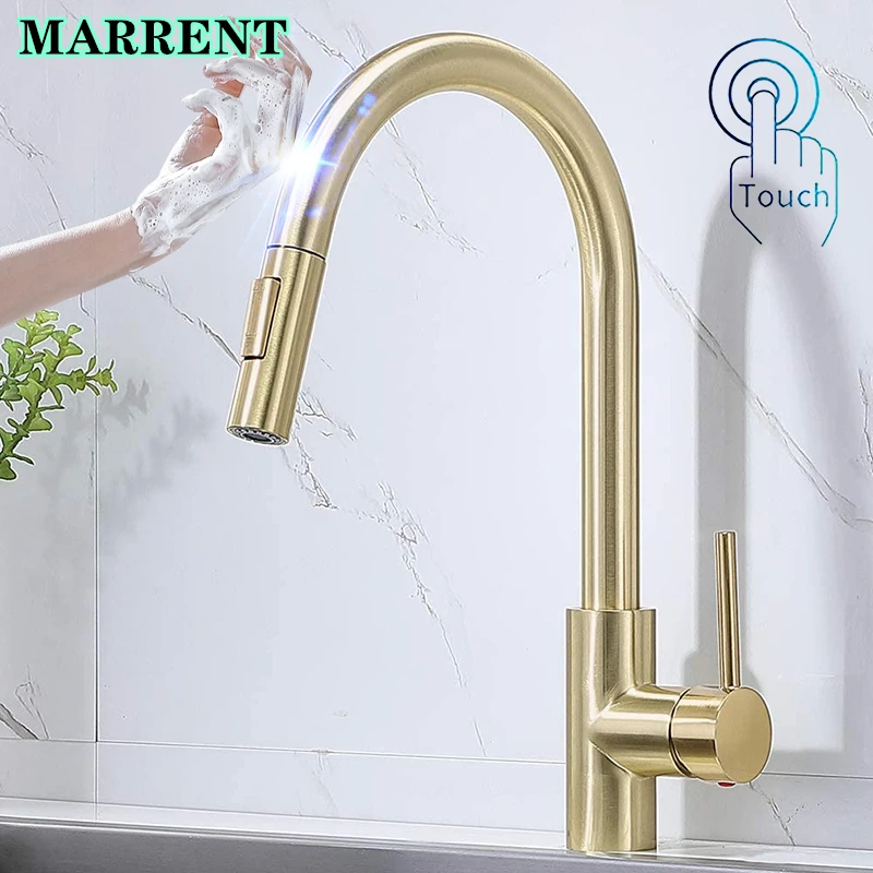 Smart Touch Kitchen Faucet Marrent Hot Cold Pull Out Kitchen Mixer Tap Luxury Brushed Gold Smart Sensitive Touch Kitchen Faucets