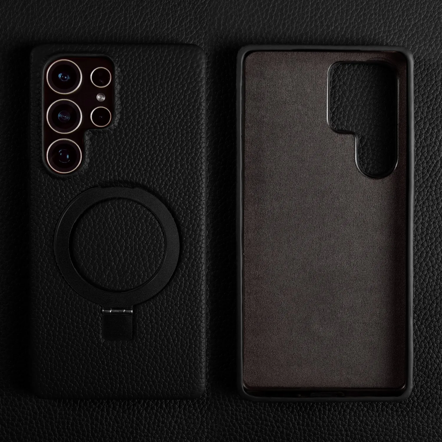 Genuine Leather Magnetic Ring Stand Phone Case with Back Cover