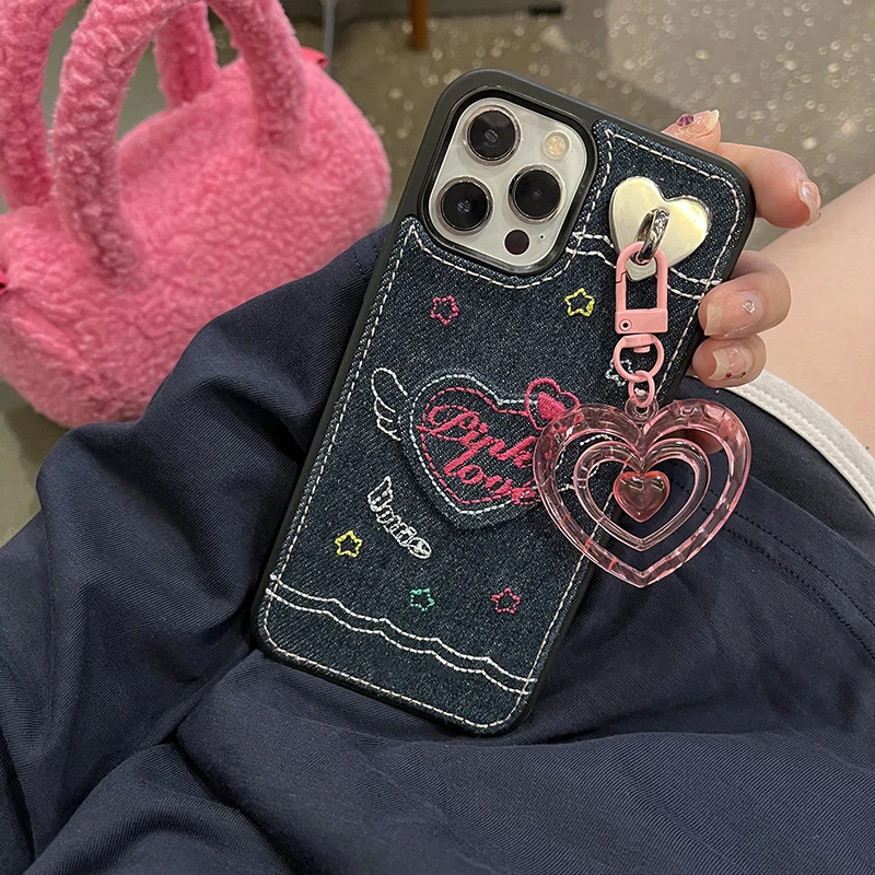 Denim Embroidery Cute Butterfly Cherry Phone Case for Apple iPhone 14 ProMax  13 12 Pro Max 11 Cover Stylish Women Soft Cases - AliExpress