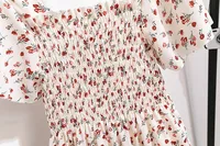 Printemps été robe en mousseline de soie femmes robes mi-longues femme à manches courtes taille élastique imprimé fleuri plissé dos nu tenue décontractée 6