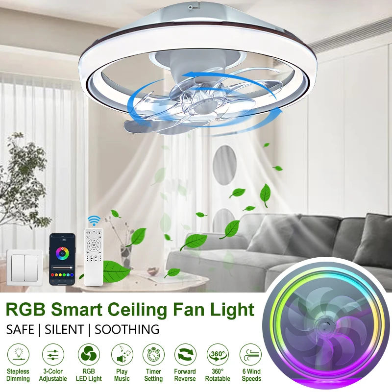 Ceiling Oscillating Fan Light 7-blade LED Ceiling Fan Lamp With APP Remote Control 6 Levels of Wind Speed RGBCW Lamp