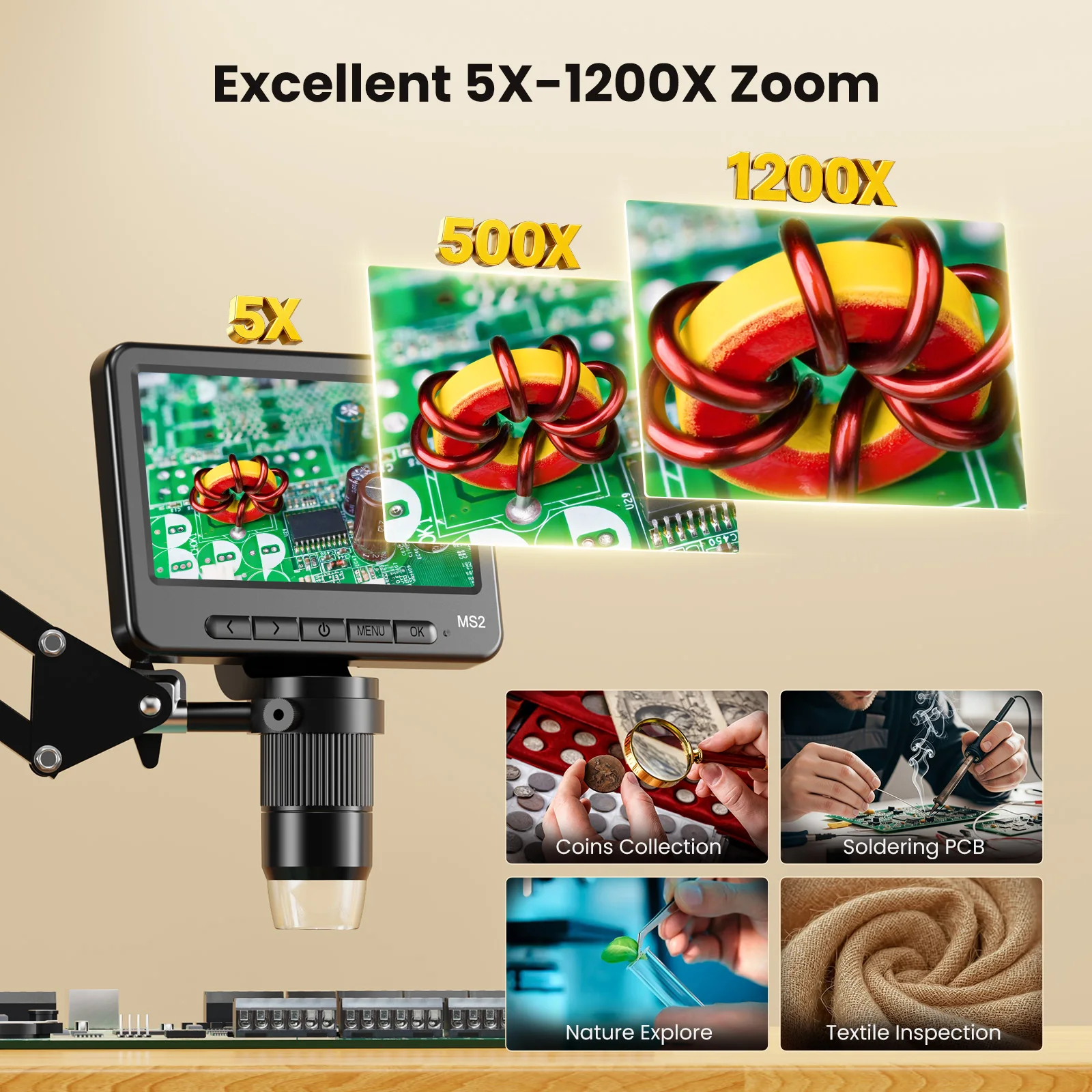 5인치 플렉시블 스탠드 디지털 현미경 8 LED 조명 사진 비디오 녹화 PC 연결 1000배율 동전 검사용 S