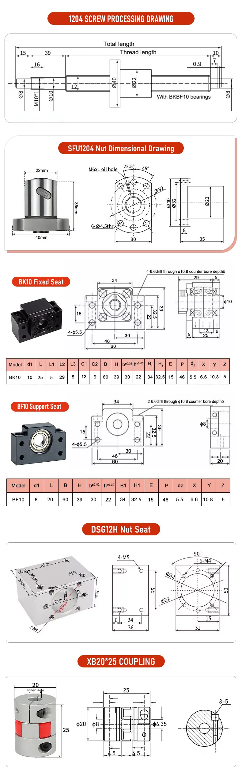 2 Linearführungsschienen 15 mm HGR15 + 1 Stück SFU1204 Kugelumlaufspindel-Muttergehäuse in jeder Länge + unterstützt BK/BF10 + Kupplungen für CNC + 4 Schieber – Detail 11