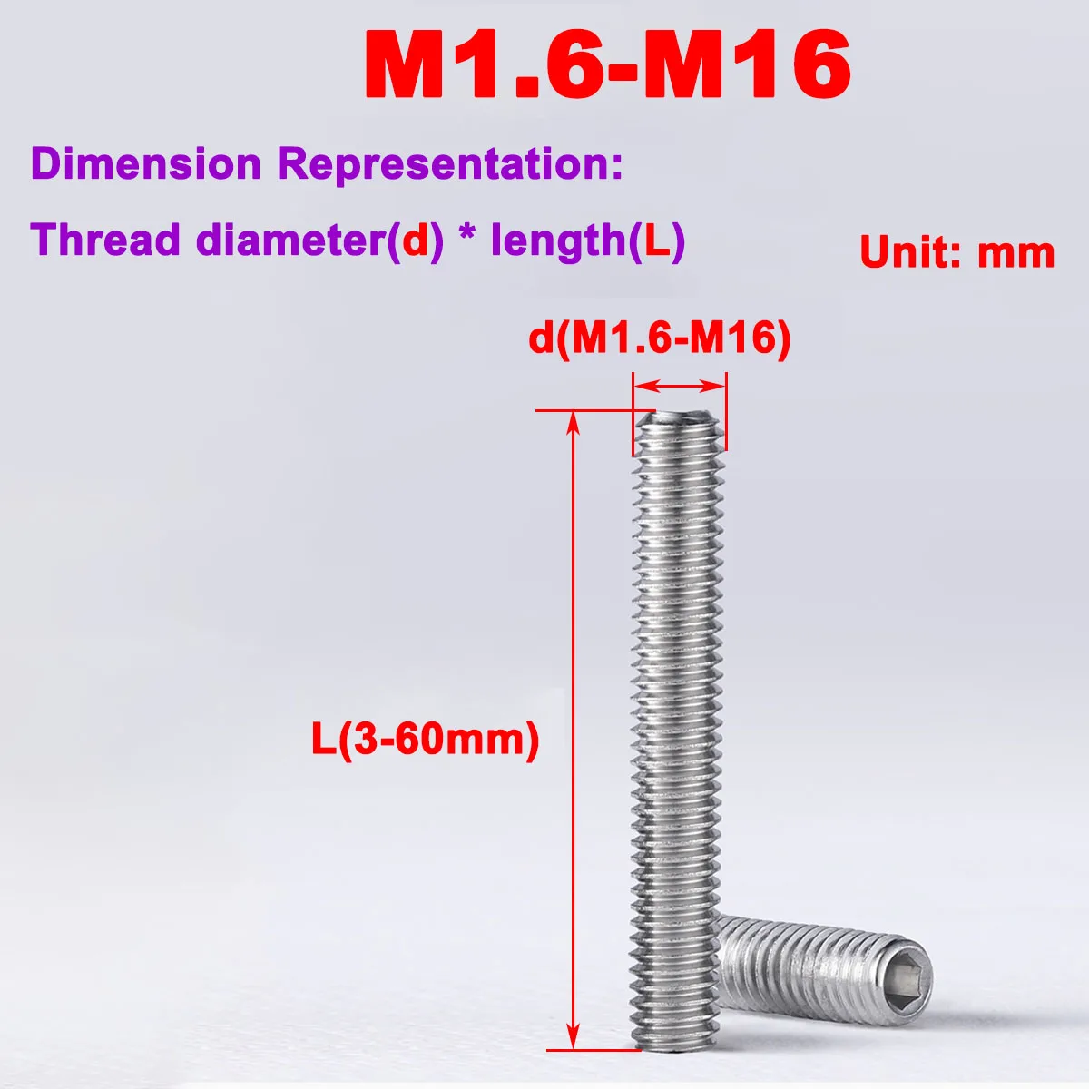 

304 Stainless Steel Concave End Hexagonal Headless Set Screw M6M8M10M12M16