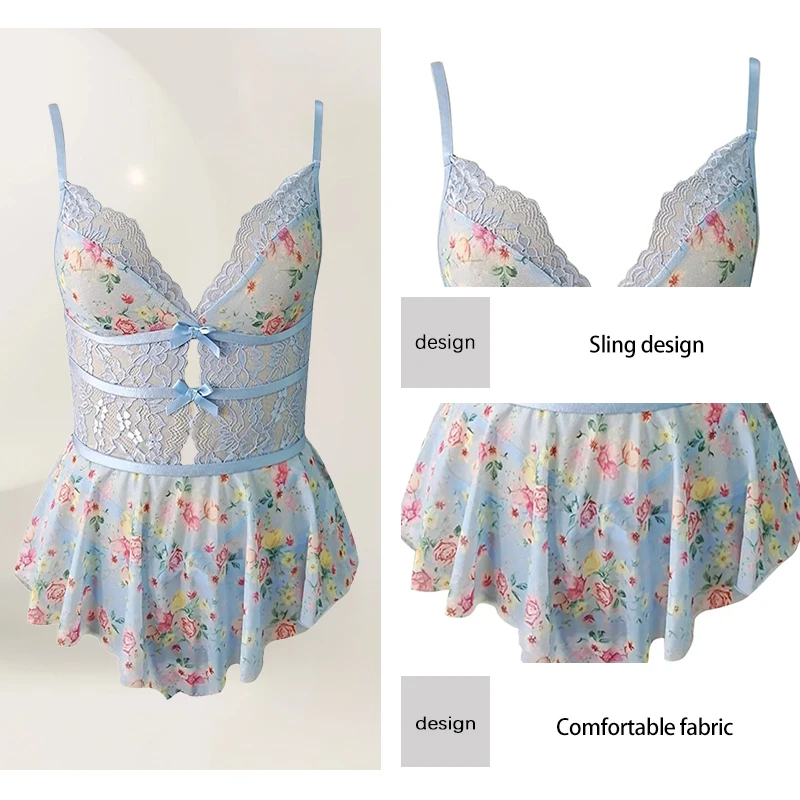 Summer Women's Lace Hollow V-Neck Suspender with Backless Sexy Printed Suspender for Women Nightdress women lingerie women bodysuit sleep wear set