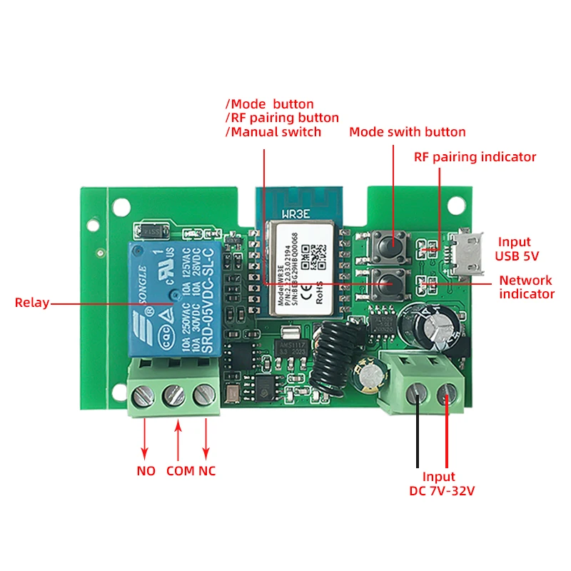 Tuya Smart 1CH DC 12V 24V 32V Wifi Module Wireless Remote Gate Garage Door Switch 1 Channel Inching Module Relay for Alexa Alice