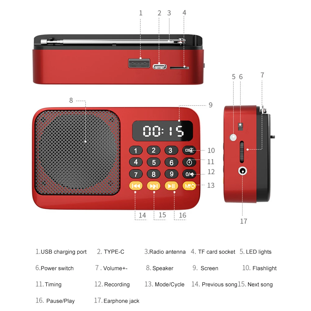 휴대용 충전식 디지털 FM USB TF MP3 플레이어 휴대용 라디오 음악 플레이어 스피커 장치 LED 디스플레이 라디오 포함