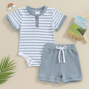 2023-11-18 Lioraitiin Newborn Baby Boy Girl Summer Clothes Striped Short Sleeve Ribbed Romper Tops Elastic Shorts Set Outfits 5