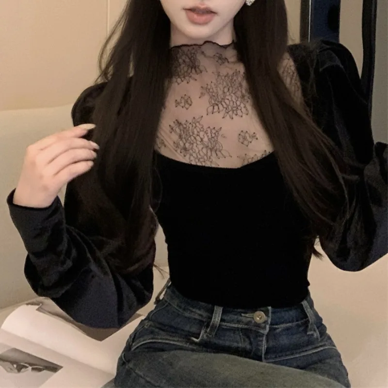 

Женский укороченный топ в винтажном стиле, бархатная сетчатая ретро-футболка с высоким воротником в Корейском стиле, уличная одежда, осень 2024