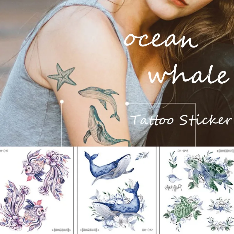 

Blue Ocean Whale Tattoo Stickers Colorful Fish Fake Tattoo Body Art Temporary Waterproof Tattoo for Women Child 150*105 Mm