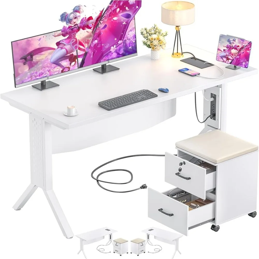 55 Gaming Computer Desks with Rolling End Table, Large Home Office Table with File Cabinet, Sturdy Gamings Desk,White rolling cabinet white 60x53x72 cm chipboard