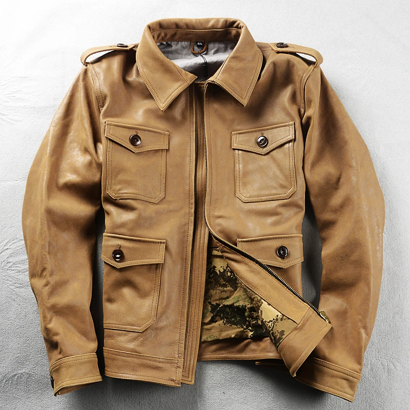 Veste en cuir kaki pour homme