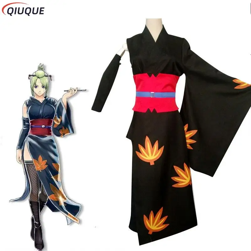 

Anime Gintama Tsukuyo Cosplay Costume Japanese Printing Black Kimono Bathrobe Woman Halloween Party Suit