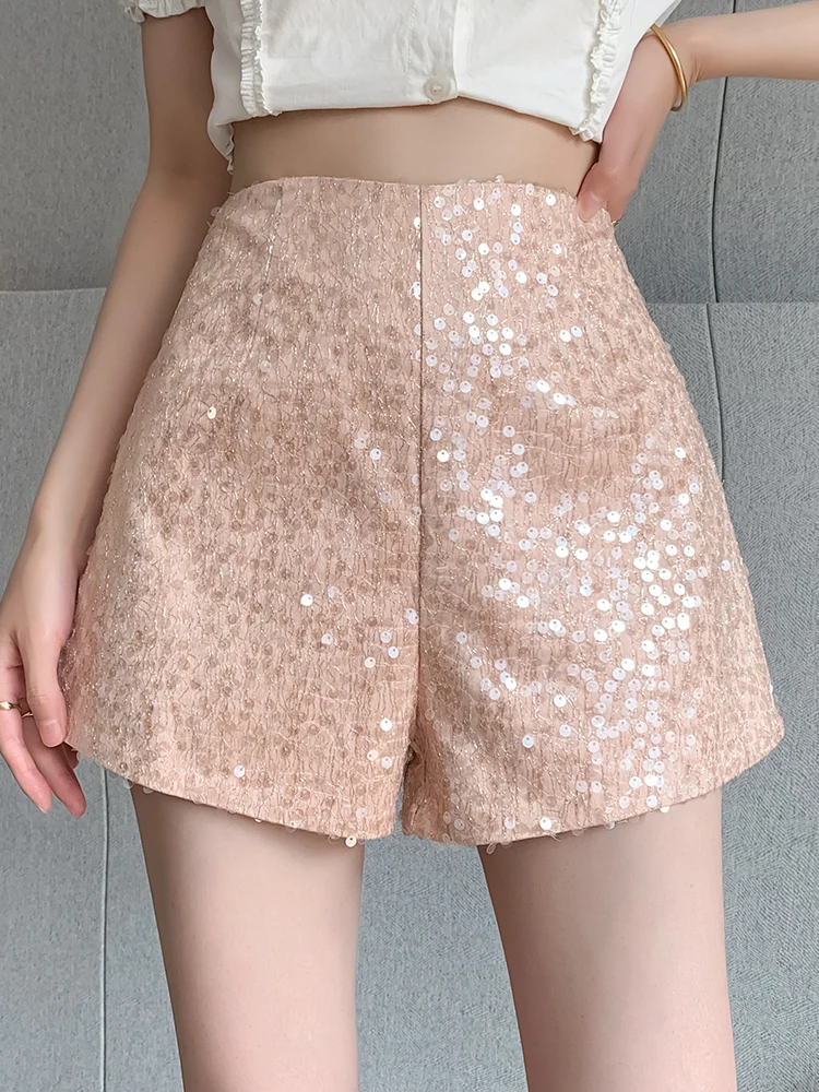 QOERLIN Heavy Bling Bling Sequins Shorts High Waist Elegant Girls Y2K Shorts Fashion Hot Shorts Streetwear Pole Dancing Outfits