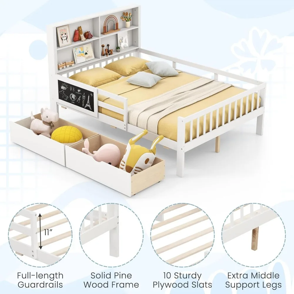 Full Bed with 2 Storage Drawers,w/Bookcase Headboard & Blackboard,Wooden Slats Support,Full Size Bed Frame 6