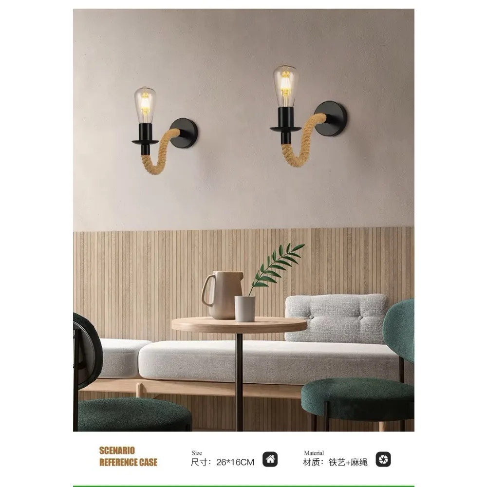 Solid Wood Vintage Industrial E27led Wall Light Retro Classic Hemp Rope Decor Indoor Light for Bar Restaurant Bedroom Corridor