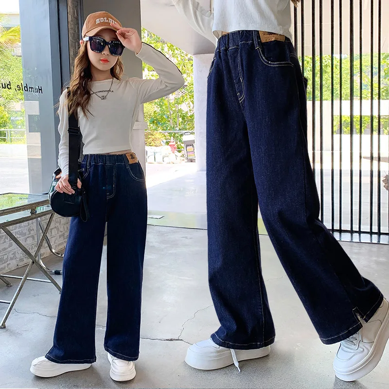 

New Autumn Girls Jeans Teenager Wide Leg Pants Children Loose Korean Blue Denim Pants Kids Casual Trousers 6 8 10 11 12 13 14 Y