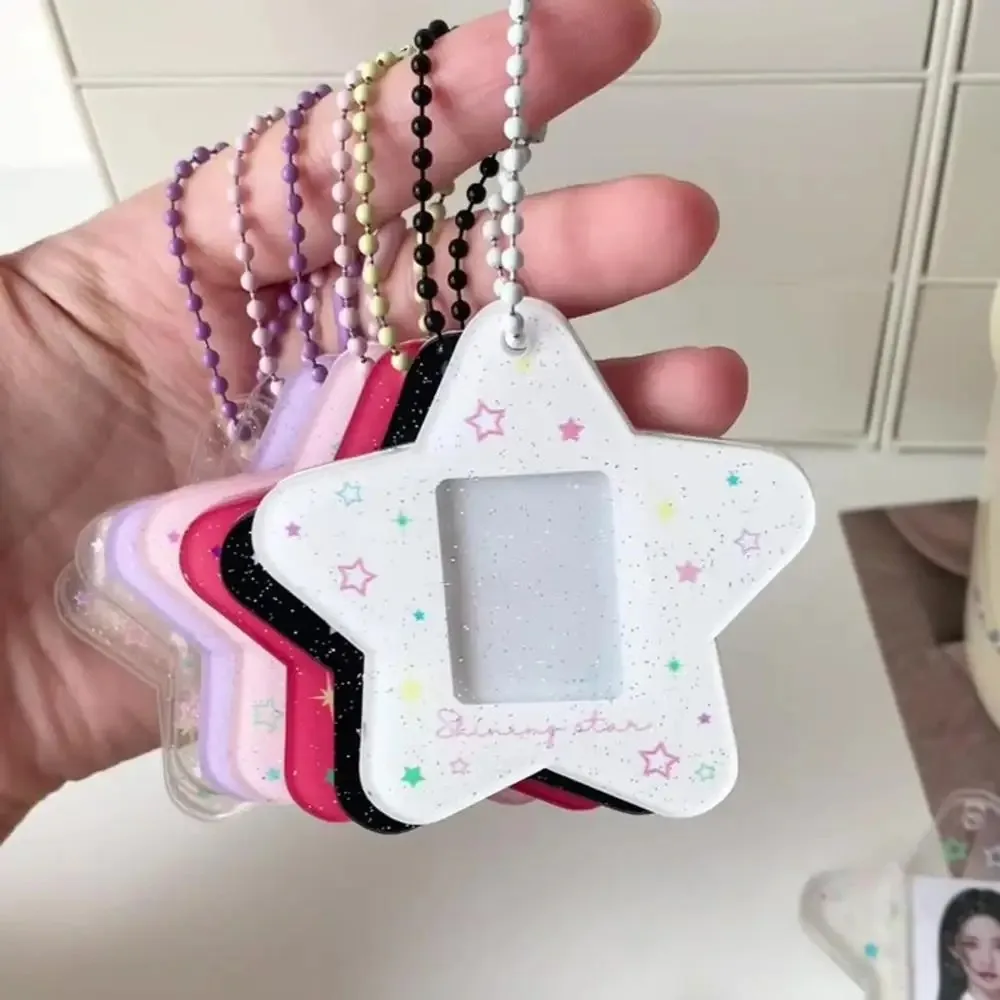 Portable Glitter Star Photocard Holder Keychain 1-Inch ID Card Case for Kpop Idol Photos