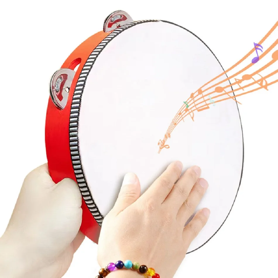Description Picture 5 of item4/6/8/10 Inch Manual Orff Percussion Tambourine Dancing Props High Quality Wood Melodious Plink Hand Clamping Drum For Children