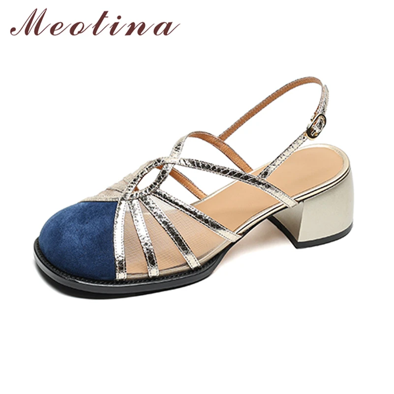 

Meotina Women Genuine Leather Gladiator Sandals Round Toe Thick Mid Hees Buckle Mixed Colors Narrow Band Ladies Shoes Summer