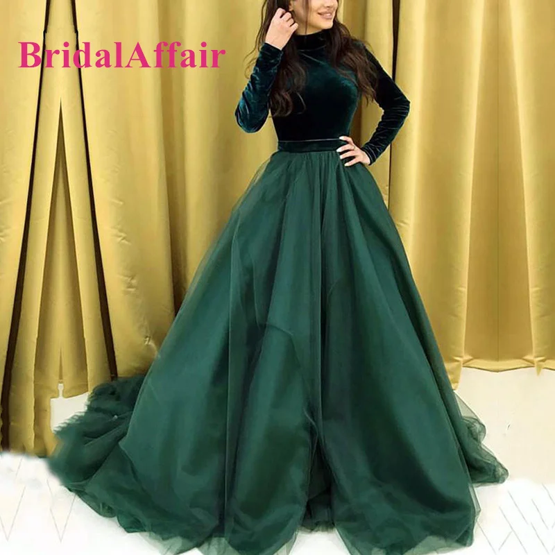 

BridalAffair Muslim Evening Dress High Neck Long Sleeve Velvet Top A-Line Long Formal Dubai Arabic Kaftan Prom Party Gowns
