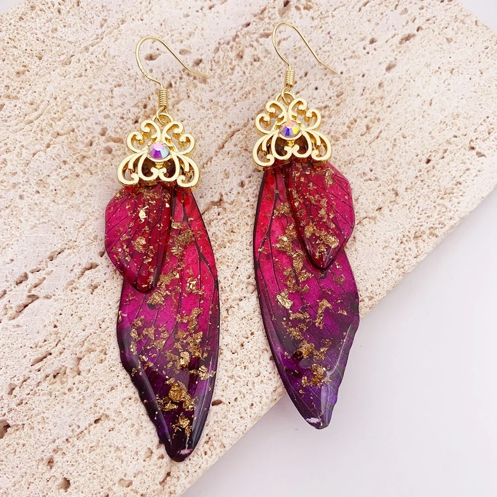 Fairy Rainbow Gradient Resin Butterfly Wing Rhinestone Glitter Earrings
