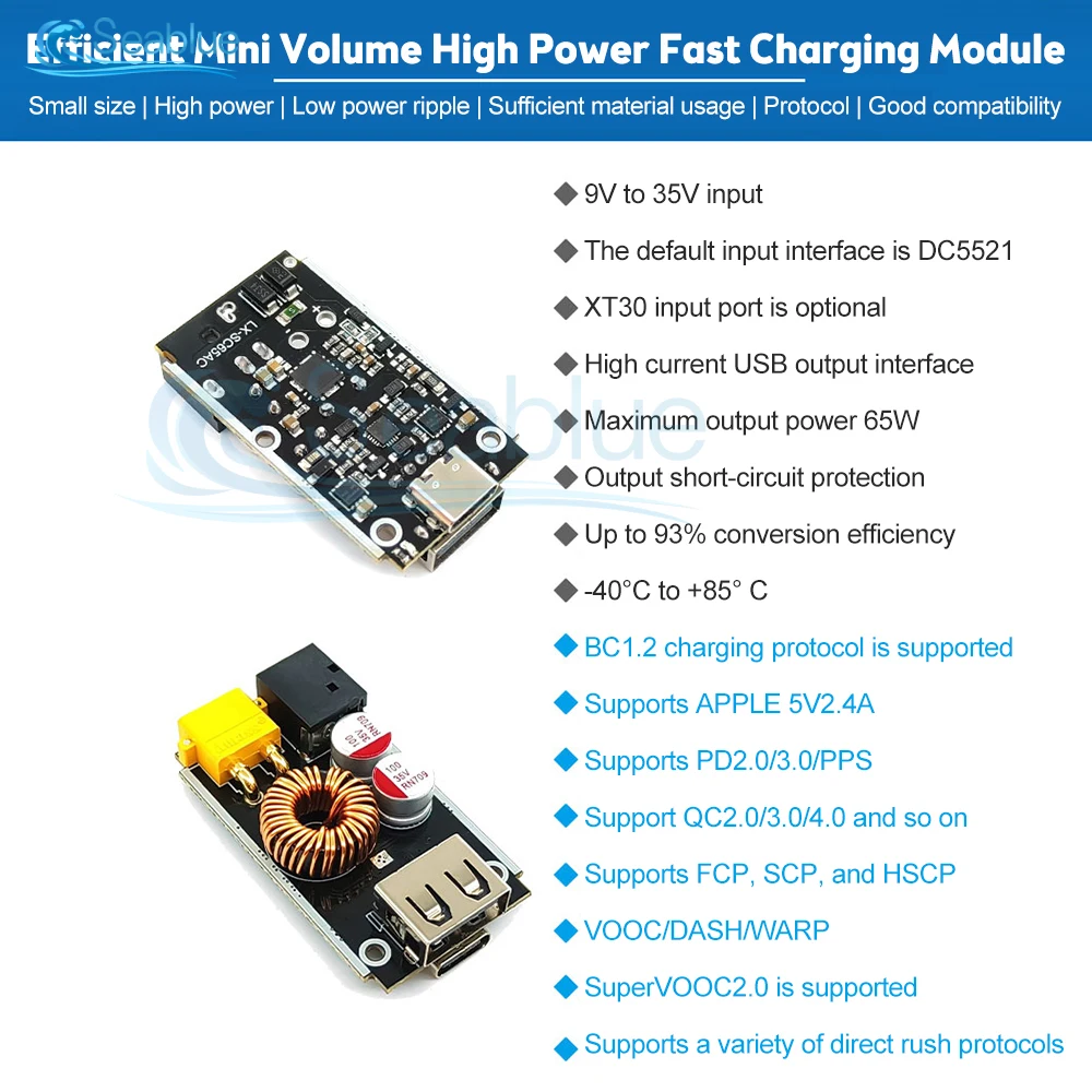 65W Full Agreement Fast Charge Module DC 9V-35V DC5521 XT30 Input Port Mini Charger Module QC2.0/3.0/4.0 PD2.0/3.0/PPS FCP SCP