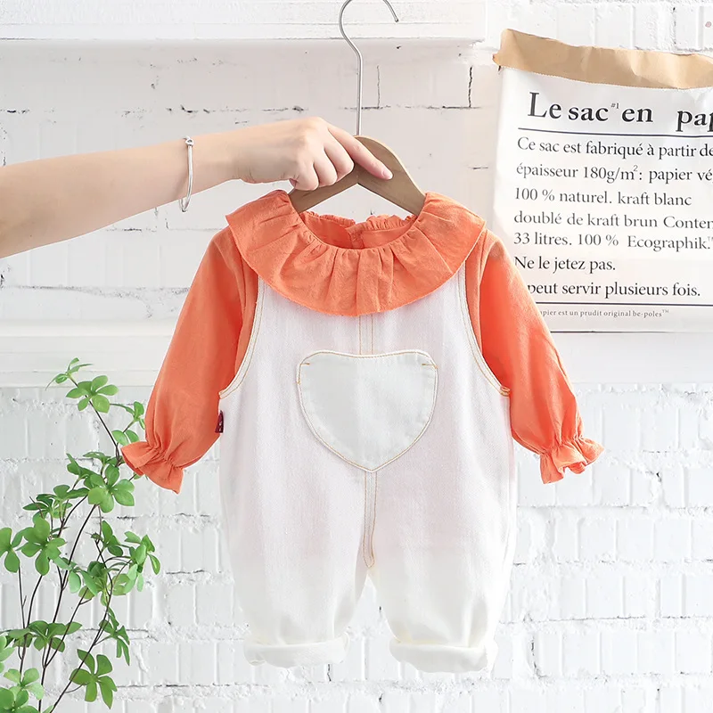

Baby Clothes 2022 Spring Autumn New Baby Girls Lapel Long Sleeve Solid Color Top Suit For Kids Denim Overalls Casual Outfit 1-4Y