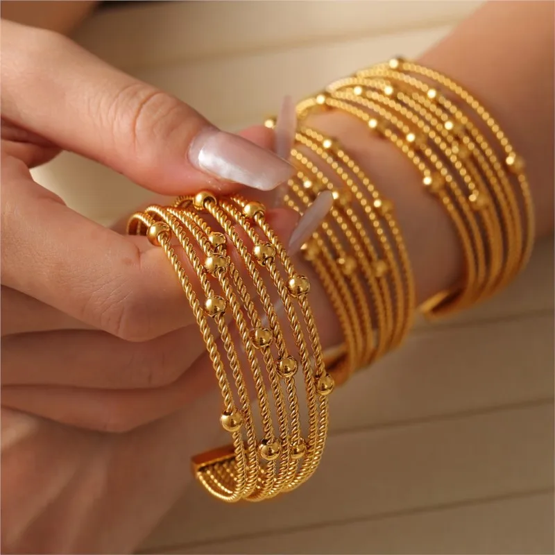 Twisted Circle Combining Beads Bracelet Bangles For Women Stainless Steel Gold Plated Elegant Women's Hand Bracelets Cuff Bangle 2