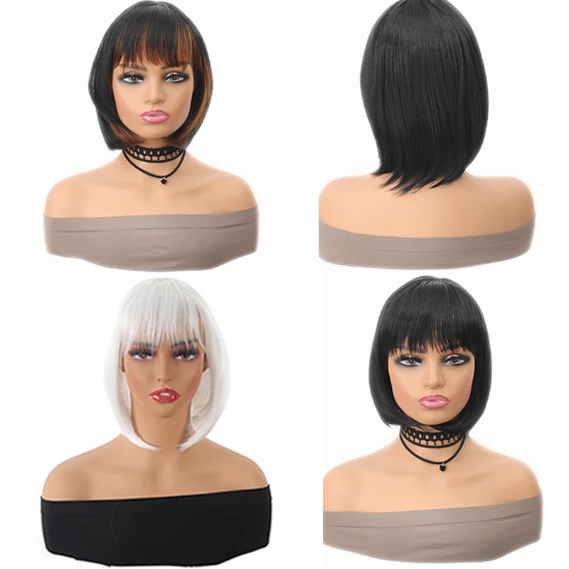 Synthetic Chic 10 Inch Bob Wig with Bangs Natural Black Brown Blend Easy-Style Daily Wear Light weight